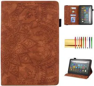 Case for Amazon Fire HD 8 2024 2022 2020/8 Plus 12th 10th Gen, Techcircle Mandala Embossed PU Leather Folio Stand Soft TPU Back Cover Slim Lightweight Elastic Band Protective Case w/Card Slots, Brown