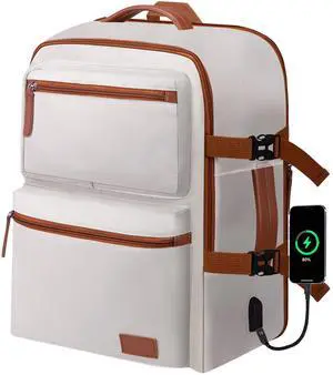 stillithou Expandable Travel Backpack Women Men with USB Charging Port, 15.6 Inch Laptop Backpack Waterproof Carry on Flight Approved for Travel Work Hiking College, Beige