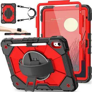 Nitupai Case for iPad 10th Generation 10.9 Inch 2022 / iPad A16 Case 11 Inch 2025 with Screen Protector 10th Gen Cover for Kids Pencil Holder 360° Rotating Stand Shoulder Strap, Black Red