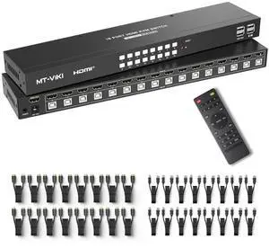 MT-VIKI 4K@60Hz KVM Switch HDMI 16 Port w/16 Cables & 3.5mm Audio, Rack Mount KVM Switch, 4 USB 2.0,HDMI 2.0,HDCP 2.2 for 16 Computers/Servers, Fit 1U 19'' Rack