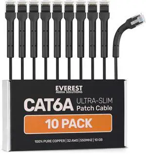 Everest Ultra Slim Cat6a Ethernet Patch Cables 5ft (10-Pack) Black - 10GB Cat 6a Patch Cable - Bendable, Flexible & Thin Ethernet Cable - Space Saving 32AWG 550MHZ Cat6a Cables - 100% Copper Wires