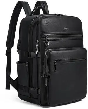 Shrrie Laptop Backpack for Women,Vegan Leather Backpack Work Computer Backpacks fits 16" Laptop,Water Resistant Teacher Nurse Casual Daypack for Weekender Camping Travel,Two-toned Black