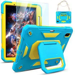 KCJ for iPad Air 11 Inch Case M3 2025 7th Generation & M2 2024 6th Generation, with Tempered Glass Screen Protector,Rugged Protective Case with Folding Stand/Pencil Holder/Shoulder Strap(Blue+Yellow)