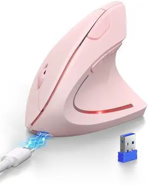 TECKNET Ergonomic Mouse, Rechargeable 2.4G+Bluetooth Vertical Mice 6 DPI Adjustable, Wireless Optical Carpal Tunnel Mouse for Right Hand, Silent 6 Buttons for Laptop, PC, MacBook, iPad - Pink
