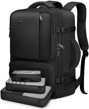 Vancropak Carry on Backpack, 47L Expandable Extra Large Travel Backpack with 3 Packing Cubes, Flight Approved Water Resistant Luggage Suitcase Weekend Duffle Bag Overnight Daypack for Men Women, Black