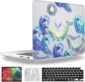 QCzyc Ocean Compatible with MacBook Pro 14 Inch Case 2021-2024 Release M4 A3112 A3185 A3401/ A2992 A2918 M3/ A2779 M2/ A2442 M1 Plastic Shell Case & Keyboard Cover&Mac OS Keyboard Sticker (Whale)