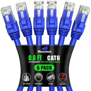 Maximm Cat 6 Ethernet Cable 0.6 ft (6-Pack) - High-Speed LAN Cable, Internet Cable, Patch Cable, and Network Cable - UTP, 10Gbps, 550MHz Ethernet Cord - Blue