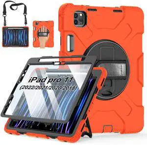 Case for iPad Pro 11 Inch 2022/2021/ 2020/2018: Silicone Cover for iPad 11 Inch 4th/ 3rd/ 2nd/ 1st/ Generation with Screen Protector- Stand- Handle- Shoulder Strap- Pencil Holder-Orange