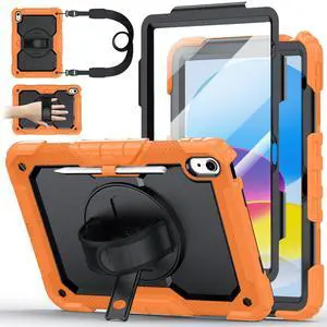 Case for iPad (A16) 11th Generation 11 Inch (2025), Ubearkk for iPad 10th Generation 10.9 inch 2022 case with Screen Protector, 360 Degree Rotating Stand/Shoulder Strap/Pencil Holder, Orange