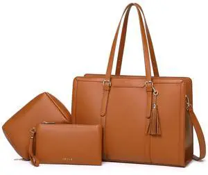 Keyli Laptop Bag for Women 15.6 inch Lightweight PU Leather Laptop Tote Bag, Large Capacity Work Briefcase Computer bag with Clutch Purse for Business, Work, Office, Travel, School Brown 3PCS