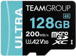 TEAMGROUP A2 Ultra Card 128GB Micro SDXC UHS-I U3 A2 V30, R/W up to 200/80 MB/s with Adapter TULMSDX128GIA2V3022503