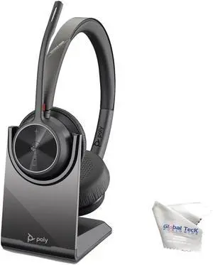 Poly Voyager 4320 UC Wireless Bluetooth Duo Headset (USB-A) Teams Version with Charge Stand - Global Teck Bundle with Microfiber Cloth - Deskphone, PC/Mac, Works with Zoom, RingCentral, 8x8, Vonage