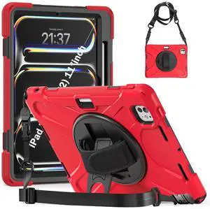 for iPad Pro 11 Case 2024 (M4) with Pencil Slot - Shockproof Heavy Duty Protective Cover, 360° Rotating Hand Strap, Kickstand, Silicone Corners, and Shoulder Strap for iPad Pro 11, Red