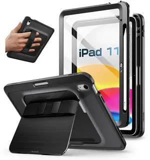 i-Blason Grip for iPad A16 Case/iPad 10th Generation Case [Hand Strap] [Screen Protector] [Metal Stand & Pencil Holder] Full-Body Rugged Bumper Protective Cover for ipad 11th Generation (Black)