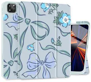 Mektron Case for M4 iPad Pro 11 inch 2024 with Pencil Holder, Compatible Models: A2836/A2837/A3006, Tablet Cover with Soft TPU Back Cover, Flowers-Bows-Blue