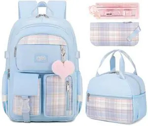 qodbopack 3PCS Backpack For School Women College Middle High Teen Girls Student Bookbag Waterproof Laptop Bag Plaid Blue