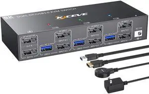 KCEVE KVM Switch 2 Monitors 3 Computers 4K@144Hz, Displayport KVM Switch Dual Monitor for 3 Computer Share 2 Monitor and 4 USB 3.0 Devices, with Wired Remote, Power Adapter