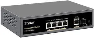 Ztyuav 6-Port Full Gigabit Unmanaged PoE Switch with 4 PoE+ Ports @75W, 1 Uplink and 1 SFP Slot-IEEE802.3af/at, PD Auto-Detection, VLAN Mode, 6KV Protection, Metal Fanless Plug and Play
