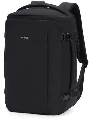 ECOHUB 40L Carry-On Travel Backpack, TSA-Friendly, Anti-Theft Water-Resistant Lightweight with 17.3 Laptop Compartment, Durable PFAS-Free Rucksack, Black