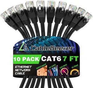 CableGeeker Cat 6 Ethernet Cable 7 ft (10-Pack) - Cat6 Patch Cables, Snagless RJ45, Cat 5e Cat 6 Patch Cable, Cat 6 Cable, 7 Foot Cat6 Ethernet Cables, Network Cable, Internet Cable - 7 Feet Black