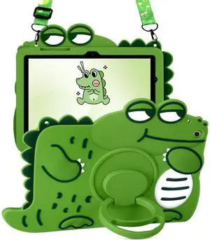 Wazzasoft for Samsung Galaxy Tab A8 Case 10.5 - Cute Girls Boys Kawaii Cover Girly 3D Cartoon Women with Rotating Handle Stand & Strap Soft Silicone Green Funda for Samsung A8 Tablet Case