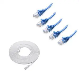 Cable Matters 5-Pack 1-Foot Snagless Short Cat6 Ethernet Cable (Cat6 Cable, Cat 6 Cable) in Blue & 1-Pack 50-Foot Cat6 Flat Ethernet Cable in White
