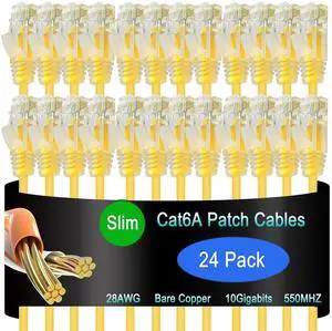 Lysymixs Cat6a Slim Ethernet Patch Cable 2 ft (24 Pack), Cat6a Patch Cable for Data Centers, Cat 6 Cable 10G, Network Patch Cables for Home and Enterprise Network -Yellow