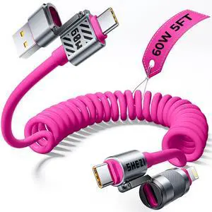 Jixivor Coiled Pink Cable 4-in-1 USB C Cable 60W Compatible with Lightning Cable Fast Charging & Data Transfer, Support to CarPlay & Android Auto, 5FT Multi Cord Combo Charger for iPhone/iPad