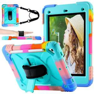 Vteutu Case for iPad 9.7 6th/5th Gen, Air 2, Pro - Rugged Protective Cover with 360° Rotating Stand, Shoulder & Hand Strap, Pencil Holder (Colorful Aqua)