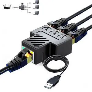 RJ45 Ethernet Splitter Adapter,Aoiutrn 1 to 3 Ports [3 Devices Simultaneous Networking] Network Extension with USB Power Cable 100 Mbps Internet Speed 8P8C Extender Plug LAN Interface for Cat5/6/7/8
