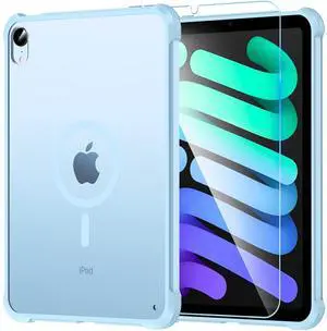 OWKEY Magnetic Case for iPad mini 7 A17 Pro 2024/ iPad mini 6 2021 8.3'', iPad mini 7th/6th Gen Case for Magsafe with Tempered Glass,[Shockproof Military] Translucent Back Slim Bumper Cover, Blue