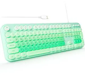 MOFII Backlit Keyboard Wired, Retro Typewriter Computer Keyboard with Numeric Keypad and Media, Cute Full Size USB Keyboard for Windows, Laptop, Desktop, PC (Green Colorful)