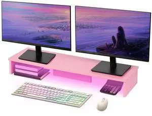 Qupui Dual Monitor Stand Riser with LED Lights, Large Monitor Stand for Desk, Computer Monitor Stand for 2 Monitors, Desk Shelf for Top of Desk, Desktop Organizer for Laptop, Printer, TV, Pink