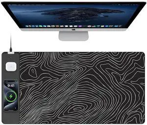 TopMade Mouse Pad with 15W Fast Wireless Charging, 31.5"x15.75" XXL Large Gaming Waterproof Desk Pad with Ultra-Smooth Surface, Non-Slip Base, Computer Desk Mat, Black Topographic Map #1