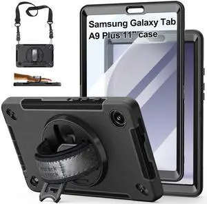 Case for Galaxy Tab A9 Plus 5G 2023: Heavy Duty TPU Cover for Samsung Tablet A9+ 11 Inch with Screen Protector- Stand - Handle - Shoulder Strap -S-Pen Holder- Black