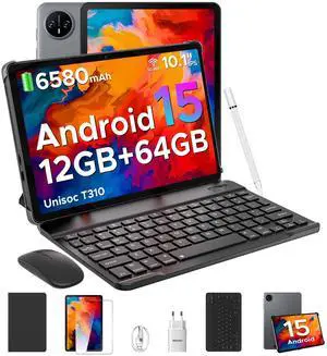 DOOGEE Tab A9 10 inch Tablet with Keyboard, Android 15 Tablet 12GB+64GB/2TB Expand, 2.0GHz Quad Core Android Tablets, 6580mAh,1280x800 IPS HD Touchscreen,Dual Speakers,5G WiFi,BT5.0,Face Unlock