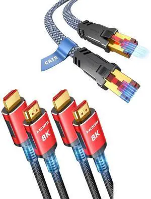 Snowkids Cat 8 Ethernet Cable 15 FT 8K HDMI Cable 2.1 10FT 2-Pack