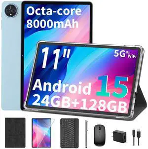 Android 15 tablet with keyboard, 11 inch tablet with 24GB RAM+128GB ROM(2TB Expand), 8000mAh Battery, 2.4G/5G WiFi, 5MP+13MP Dual Camera, Widevine L1, Octa-core, Mouse, Stylus, Case(Black Case)
