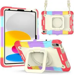 Dteck Kids Case for iPad A16/10th Generation 2025/2022, Heavy Duty Hybrid Shockproof 360°Swivel Kickstand Anti Scratch Durable Protective Case with Pencil Holder Shoulder Strap,Red/Colorful
