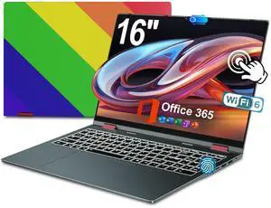 jumper Rainbow Laptop 16 inch, Vibrant Pride Themed Convertible Touchscreen, 2 in 1 Laptop with 16GB RAM 640GB Storage, Fingerprint Reader, 360 Degree Rotation, Backlit Keyboard, 53.2WH, WiFi 6