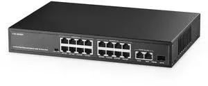 POE Switch 19 Port , 16 POE+ 100Mbps, 2 Gigabit Uplink, 1 SFP, IEEE802.3af/at, 300W Internal Power Supply, Metal Case Unmanaged Plug and Play Binardat Ethernet Switch