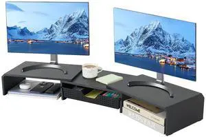 LEKETREE Dual Monitor Stand Riser with Drawer, Computer Stand for Desk, Workspace Desktop Stand, Desk Organizer for Computer, Laptop, TV and More (Black)
