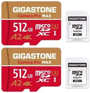 [5-Yrs Free Data Recovery] GIGASTONE 512GB Micro SD Card 2-Pack, Camera Pro MAX, A2 V30 MicroSDXC Memory Card for Gopro, Action Cams, 4K UHD Video, Up to 160/100 MB/s, UHS-I U3 C10 with Adapter