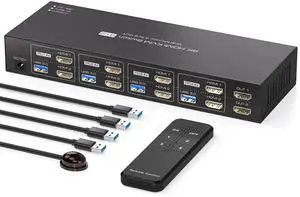 PVBCTCSID HDMI KVM Switch 2 Monitors 4 Computers EDID 4K60Hz for 4 PC Sharing Dual Monitor and 4 USB 3.0 Devices with Controller