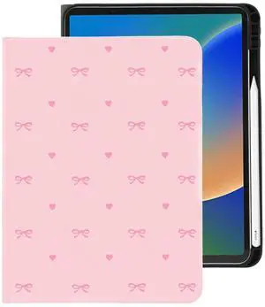 BlHMCASE Cute Pink Bow Heart for iPad mini 7 A17 Pro 2024/iPad Mini 6 Case with Pencil Holder, Auto Sleep/Wake and Multiple Viewing Angles, Pink Leather Soft TPU Back Cover