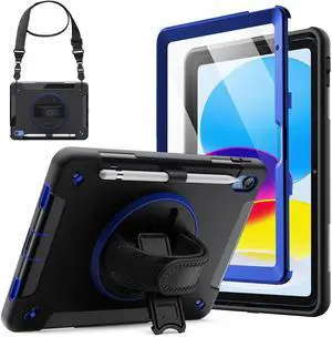 JETech Case for iPad (A16) 11th/10th Generation (2025/2022) with Built-in Screen Protector, Protective Shockproof Rugged Tablet Cover, 360 Degree Rotating Hand Strap Stand (Navy)