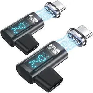 HanCenDa Type C Magnetic Adapter PD 240W 2Pack, 24Pin USB C to USB C Adapter Right with Voltage, Current and Power Smart LED Display, 40Gbps 8K 60Hz Video for iPhone 16/15, USB 4 Steam Deck, ROG Ally