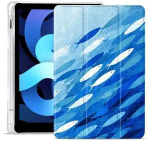 MAYCARI Marine Ocean Sea Case for iPad A16 11 inch 2025 with Pencil Holder, Original Pattern iPad 10th Generation Soft TPU Back Protective Cover Shell, Auto Sleep/Wake Slim Shell - Ocean Fish School