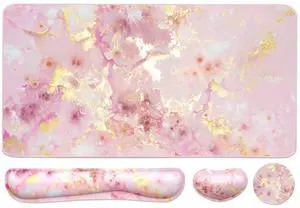 Keyboard Mouse Pad Set, Extended Mouse Pad+Keyboard Wrist Rest Support, Memory Foam Ergonomic Easy Typing, 3Pcs (35.4×15.7 in) Desk Pad Set for Home Office Study Game- Pink Gold Marble