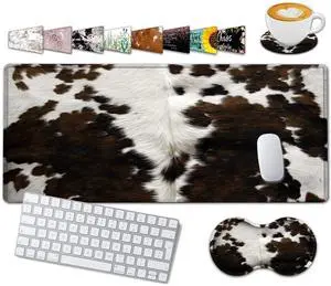 Large Gaming Mouse Pad, 31.5x11.8 in Extended Computer Mouse Mat with Non-Slip PU Base, Ergonomic Memory Foam Keyboard Wrist Rest, for Work & Gaming, Brown and White Cow Hair Office Desk Pad